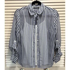 Covington Essentials Blue/White Stripe Long Tab Sl Button Up Blouse W/Tank Small